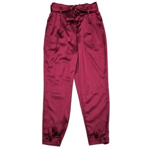 ​Grace Karin Burgundy Satin Paper Bag Waist Pants Ankle Tie Small